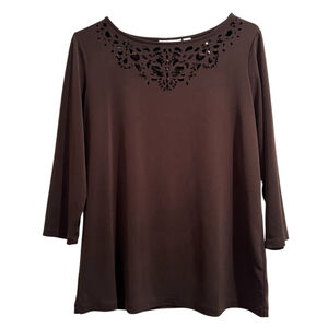 Susan Graver Beaded Blouse W/ Chic Cut Outs Womens Size Small Brown 3/4 Sleeves